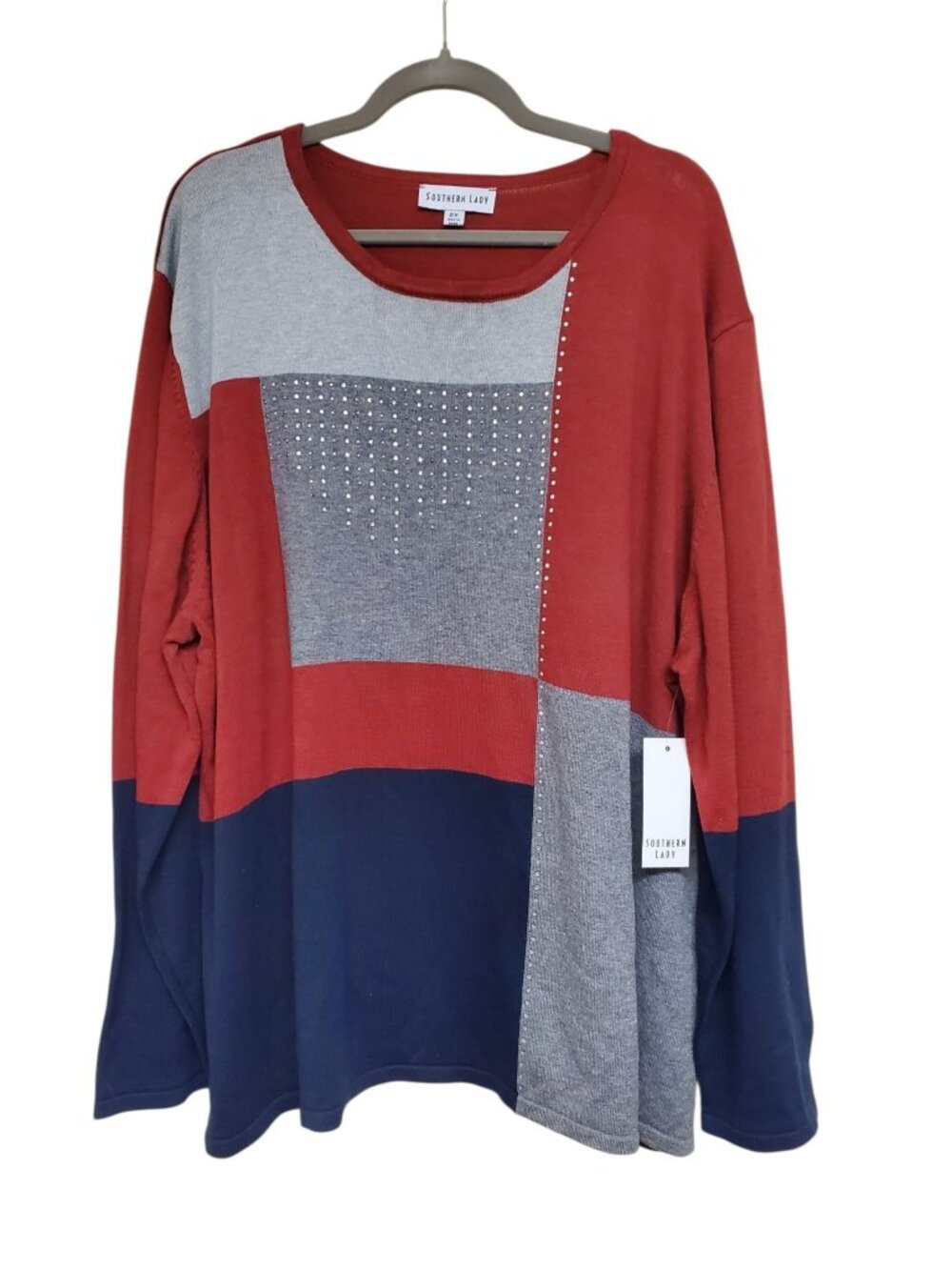 Southern Lady Woman's Red Gray Navy Colorblock Gem Crew Sweater NWT Plus 2X